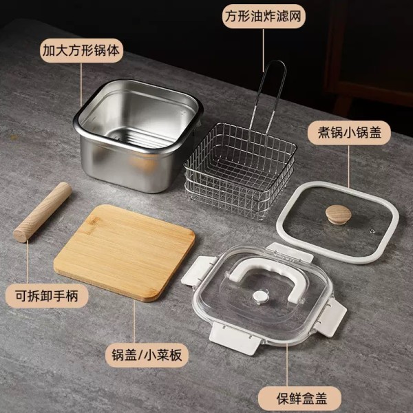 Stainless Steel Pots: Deep Fryer (with Fry Basket) + Mini Noodle Soup Pot + Portable Camping Pot + Food Storage Container
